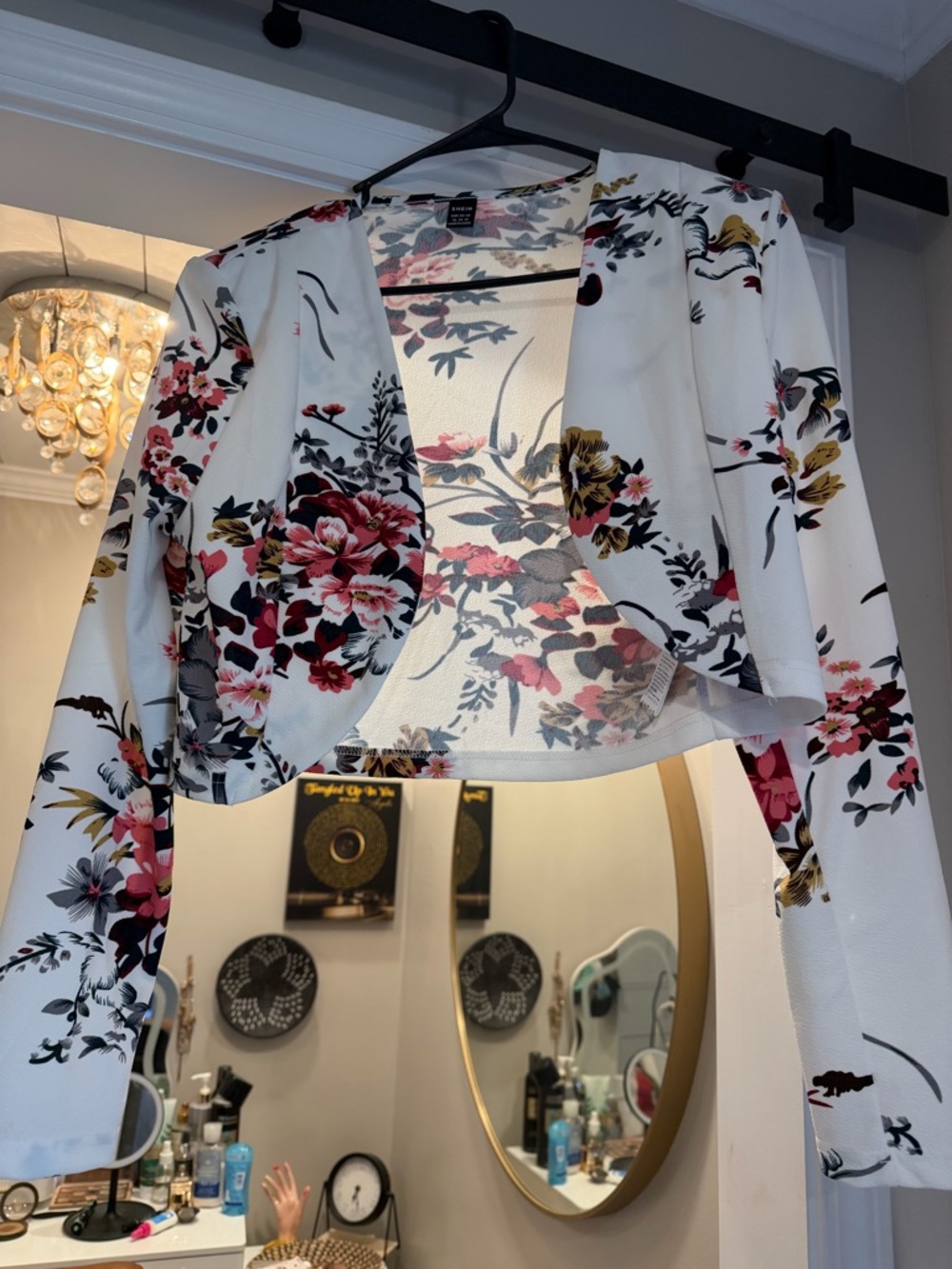 SHEIN White Floral Cropped Blazer with Pink and Burgundy Blooms